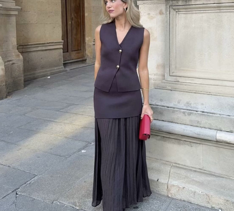 The Aurelia Golden Button Knit Vest & Pleated Skirt Set – Elegant Ensemble