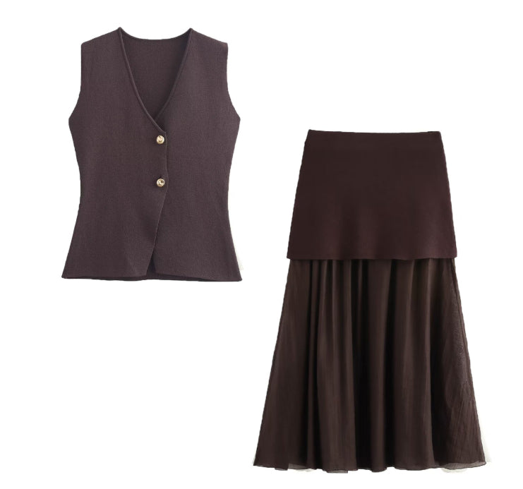 The Aurelia Golden Button Knit Vest & Pleated Skirt Set – Elegant Ensemble