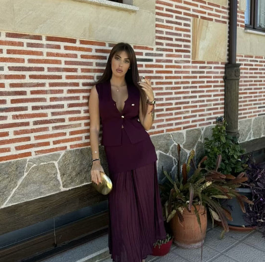 The Aurelia Golden Button Knit Vest & Pleated Skirt Set – Elegant Ensemble