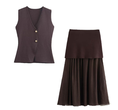 The Aurelia Golden Button Knit Vest & Pleated Skirt Set – Elegant Ensemble